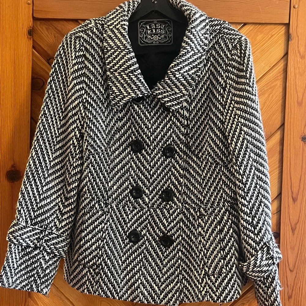 Last Kiss Black and White Herringbone Peacoat